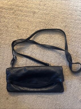 Black Leather Fold-Over Crossbody Bag
